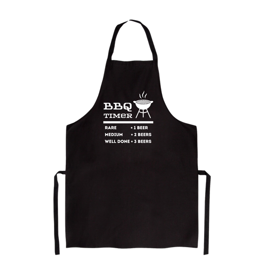 “Luxe keukenschort gepersonaliseerd – cadeau met knipoog” Tekst "BBQ timer"