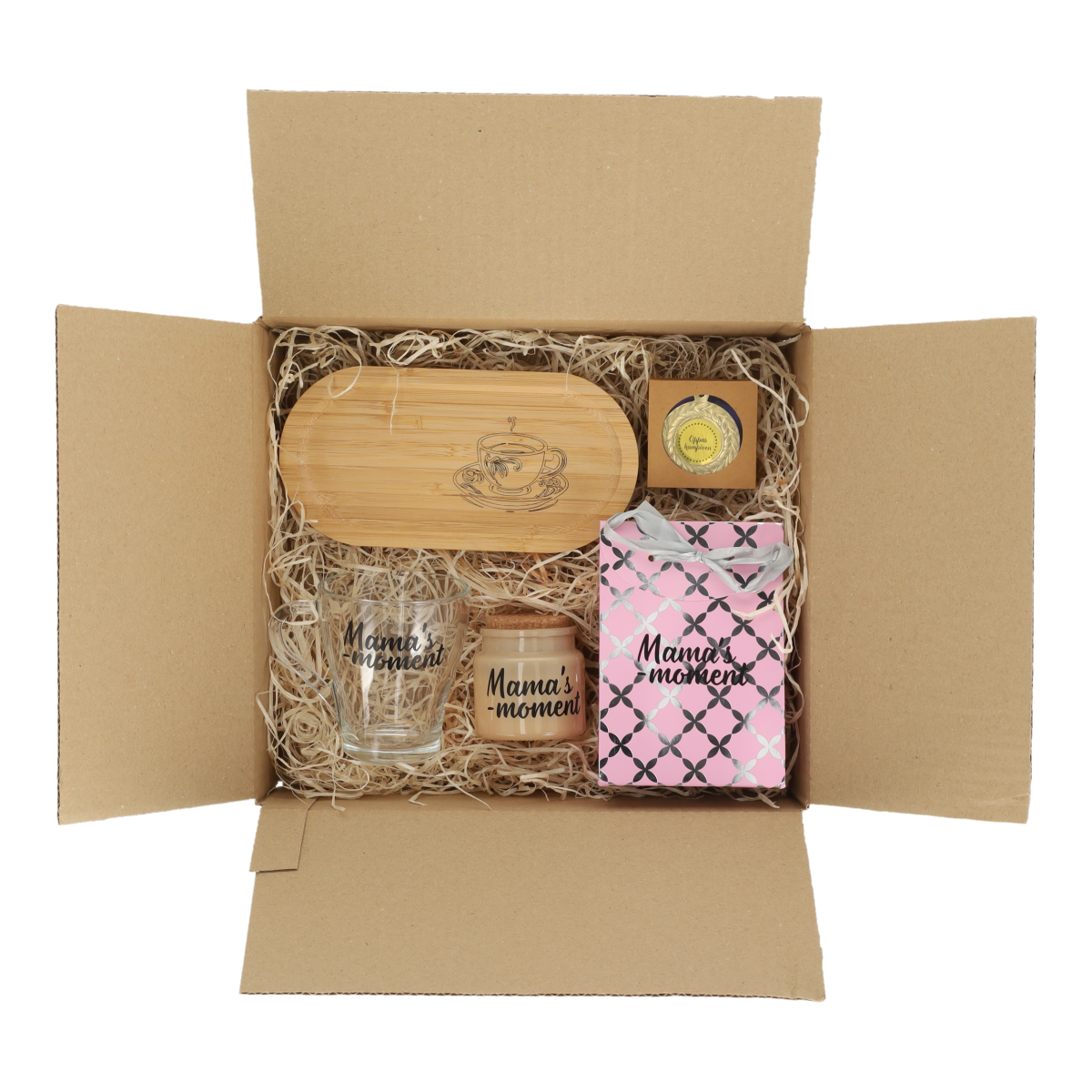 Inhoud van de geschenkverpakking van mama's overleefkit thee editie