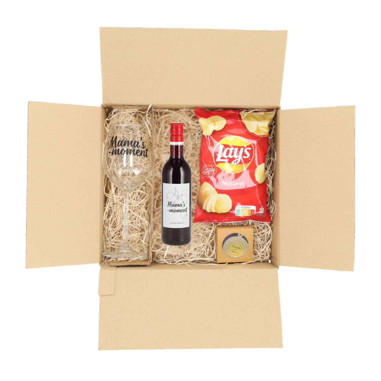 Geschenkverpakking Overleefkit wijn-editie voor mama met rode wijn en chips