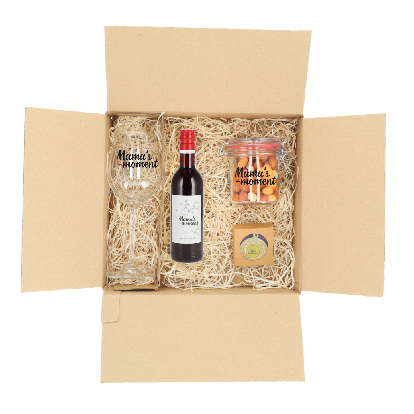 Geschenkverpakking Overleefkit wijn-editie voor mama met rode wijn en borrelnoten