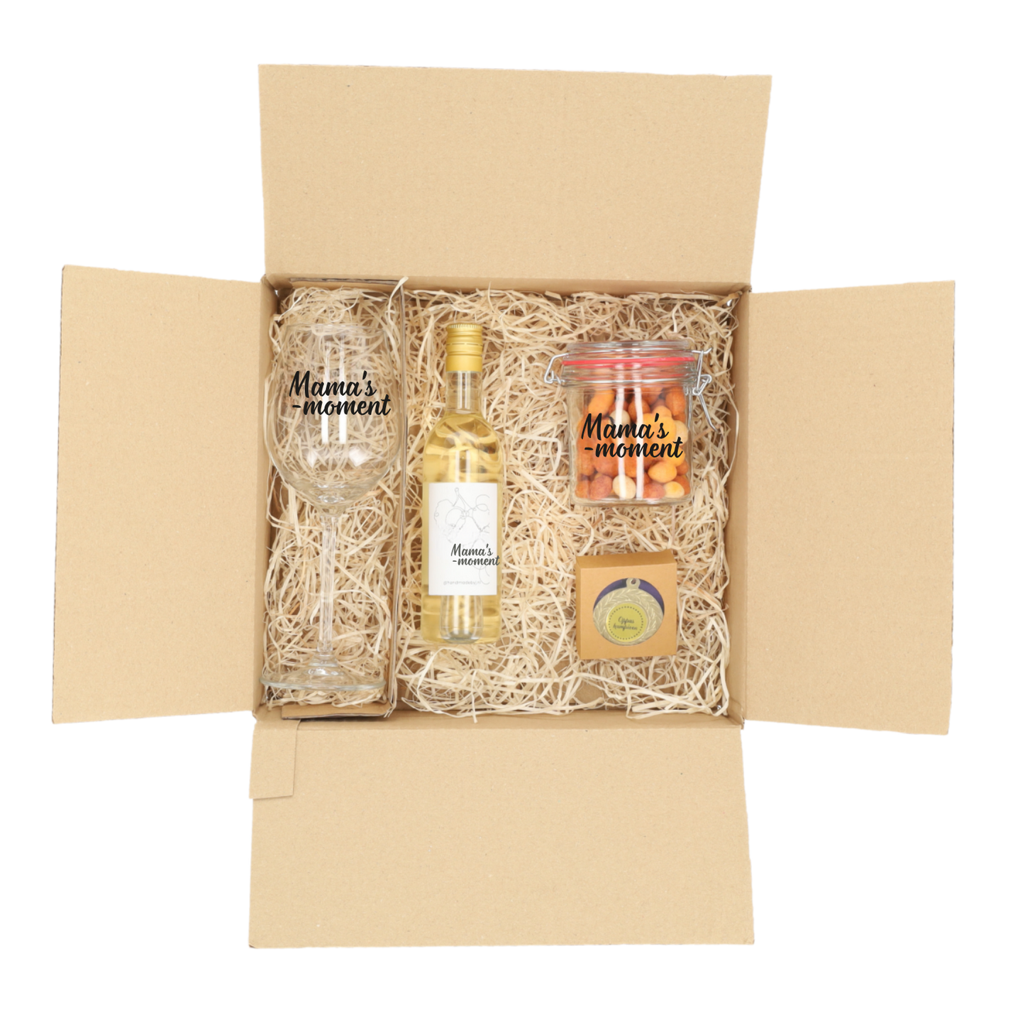 Geschenkverpakking Overleefkit wijn-editie voor mama met witte wijn en borrelnoten