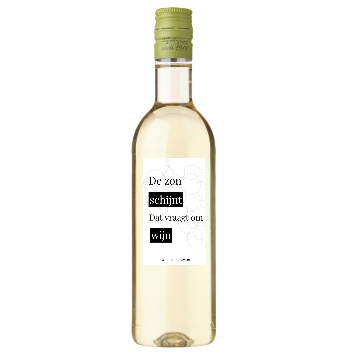 Mini flesje witte wijn met tekst "De zon schijnt, dat vraagt om wijn"