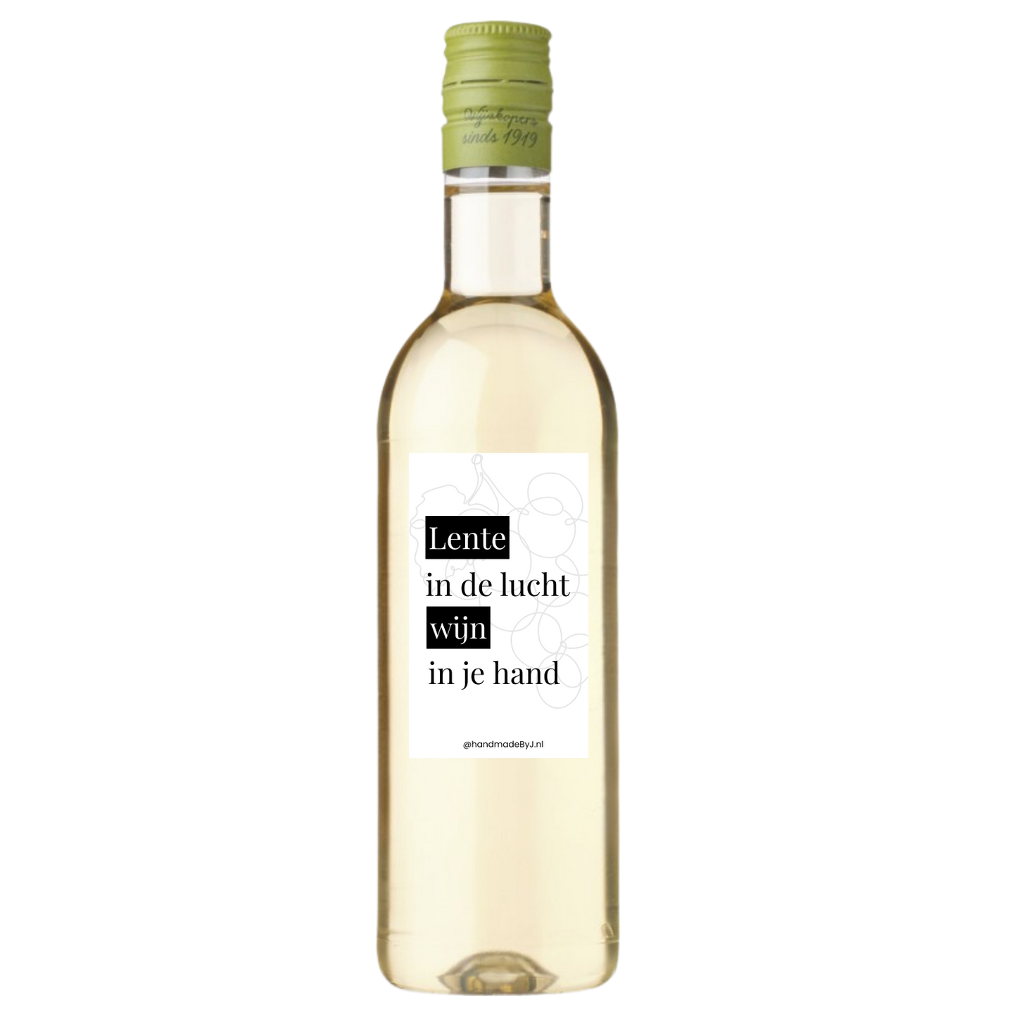 Mini flesje witte wijn met tekst "Lente in de lucht wijn in je hand"