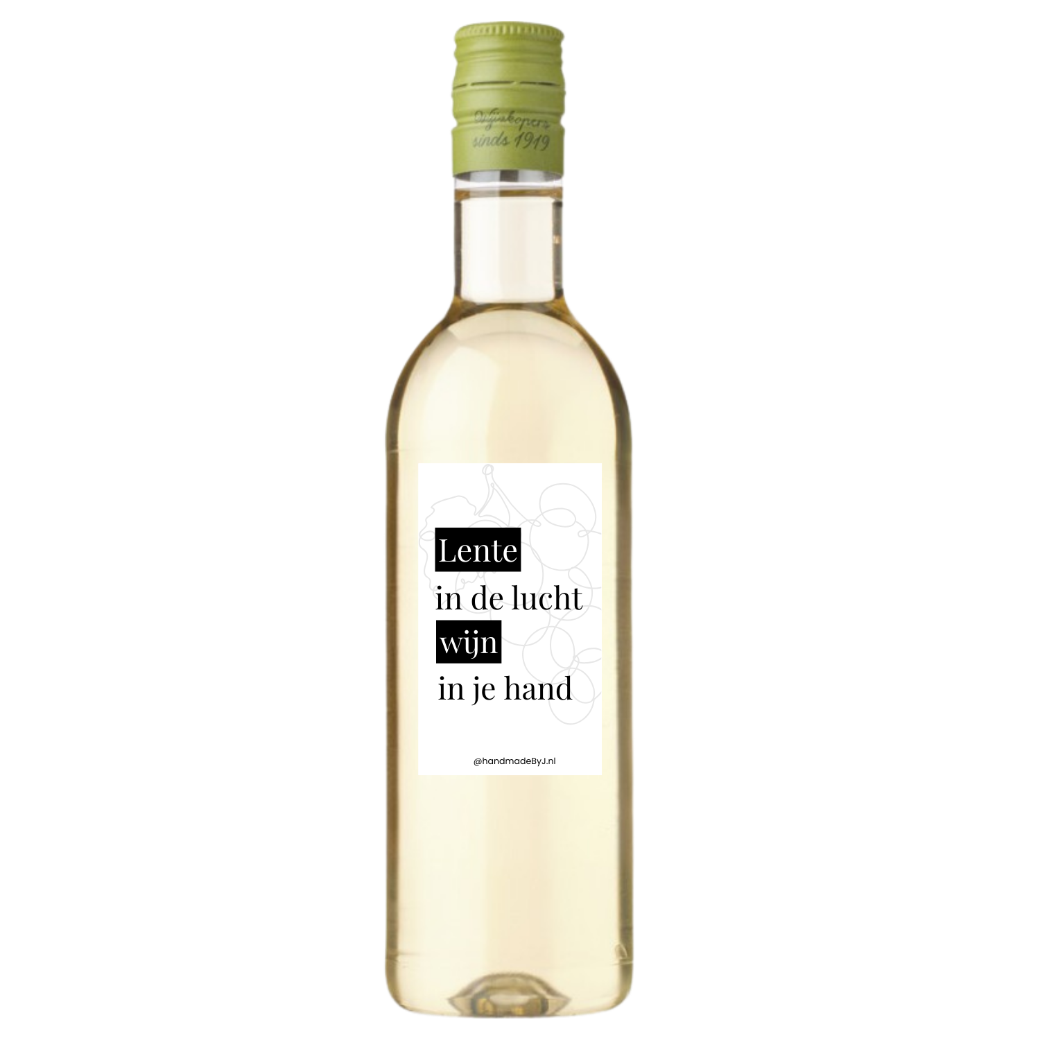 Mini flesje witte wijn met tekst "Lente in de lucht wijn in je hand"