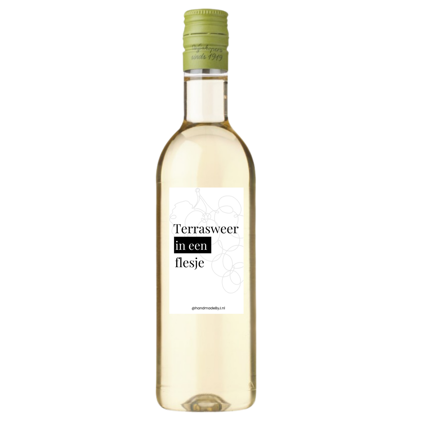 Mini flesje witte wijn met tekst "Terrasweer in een flesje"