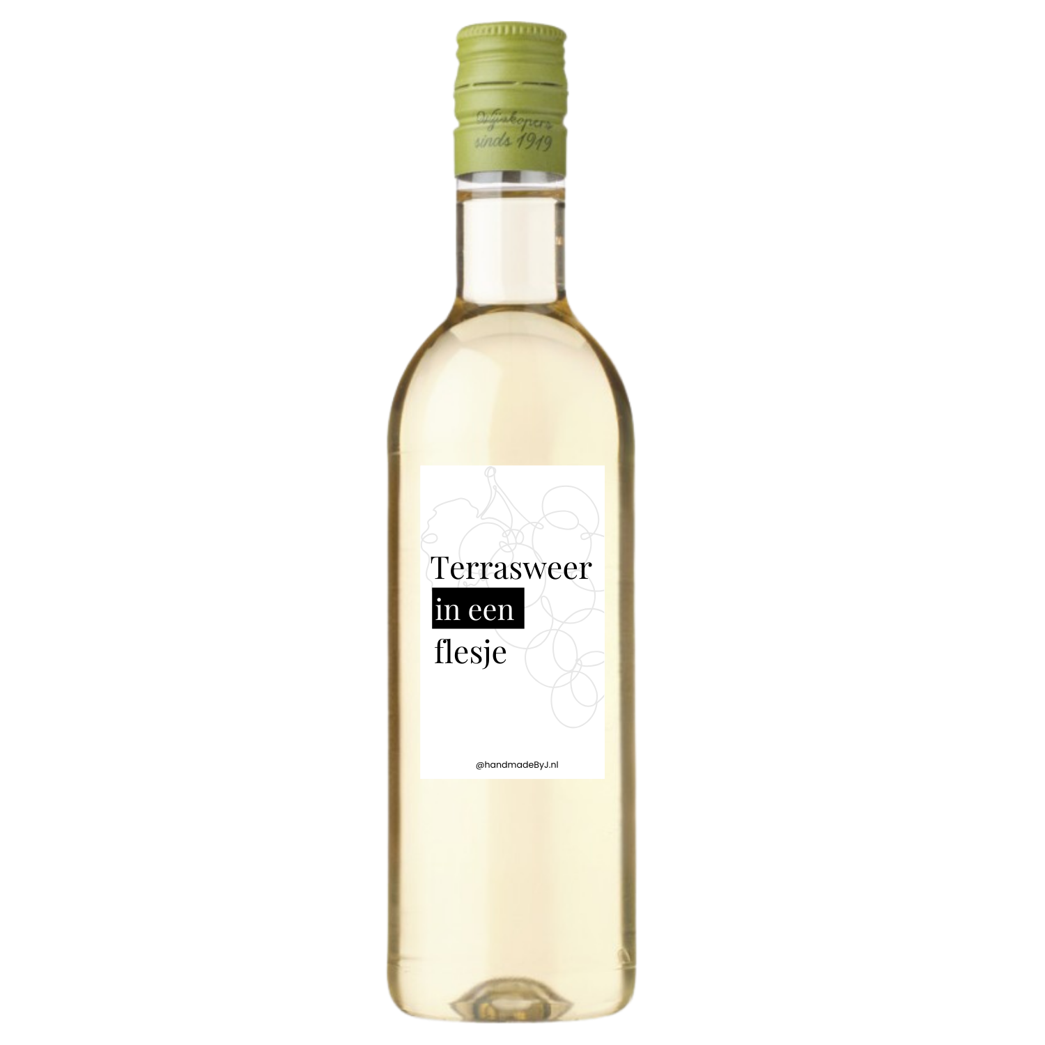 Mini flesje witte wijn met tekst "Terrasweer in een flesje"