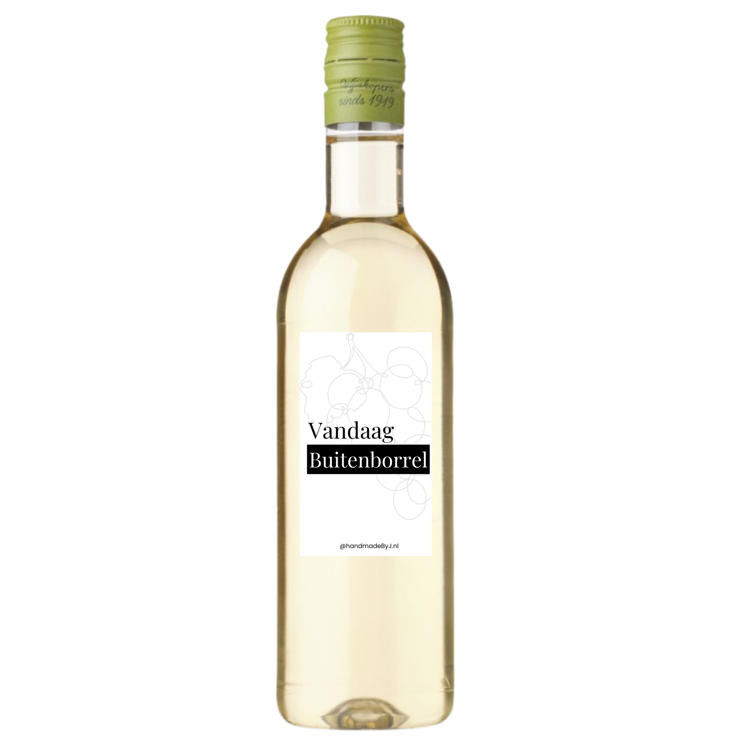 Mini flesje witte wijn met tekst "Vandaag buitenborrel"