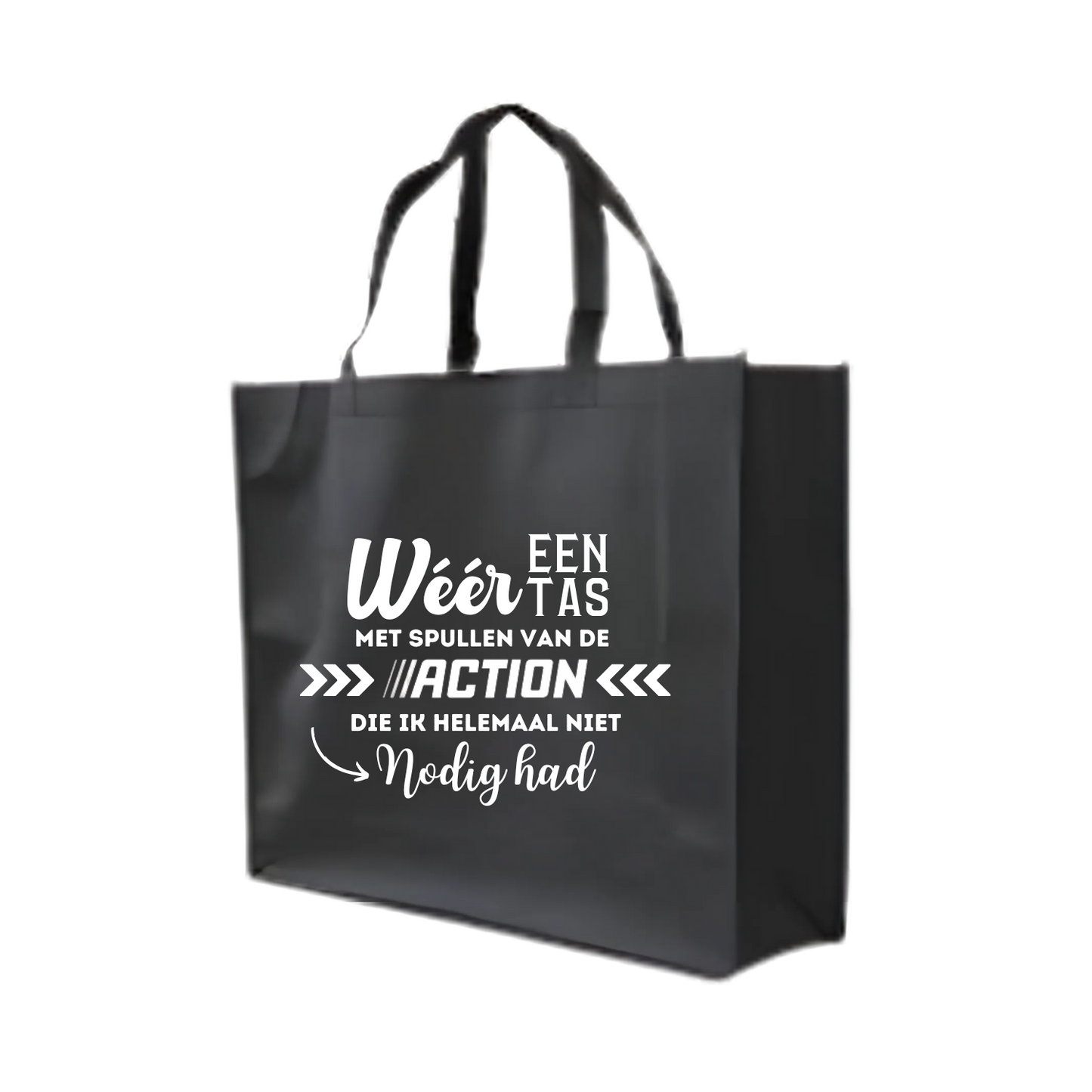 “Grote non-woven shopper met ludieke tekst "Action tas" – herbruikbare cadeautas”
