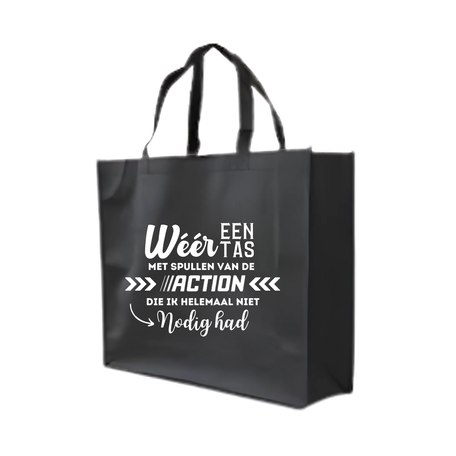 “Grote non-woven shopper met ludieke tekst "Action tas" – herbruikbare cadeautas”