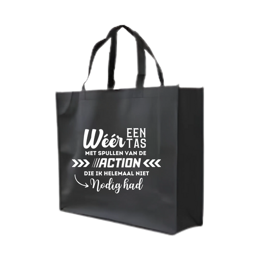 “Grote non-woven shopper met ludieke tekst "Action tas" – herbruikbare cadeautas”