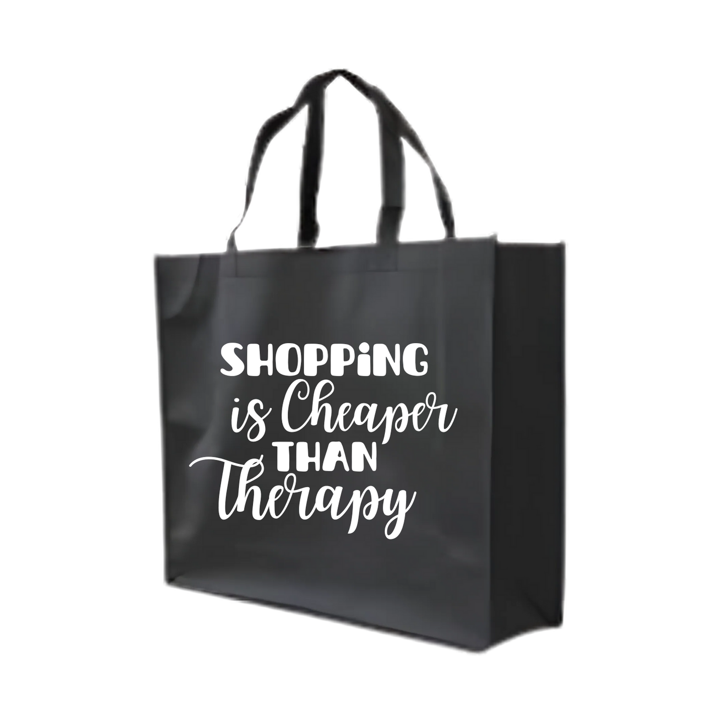 “Grote non-woven shopper met ludieke tekst "Shopping is cheaper than therapie – herbruikbare cadeautas”