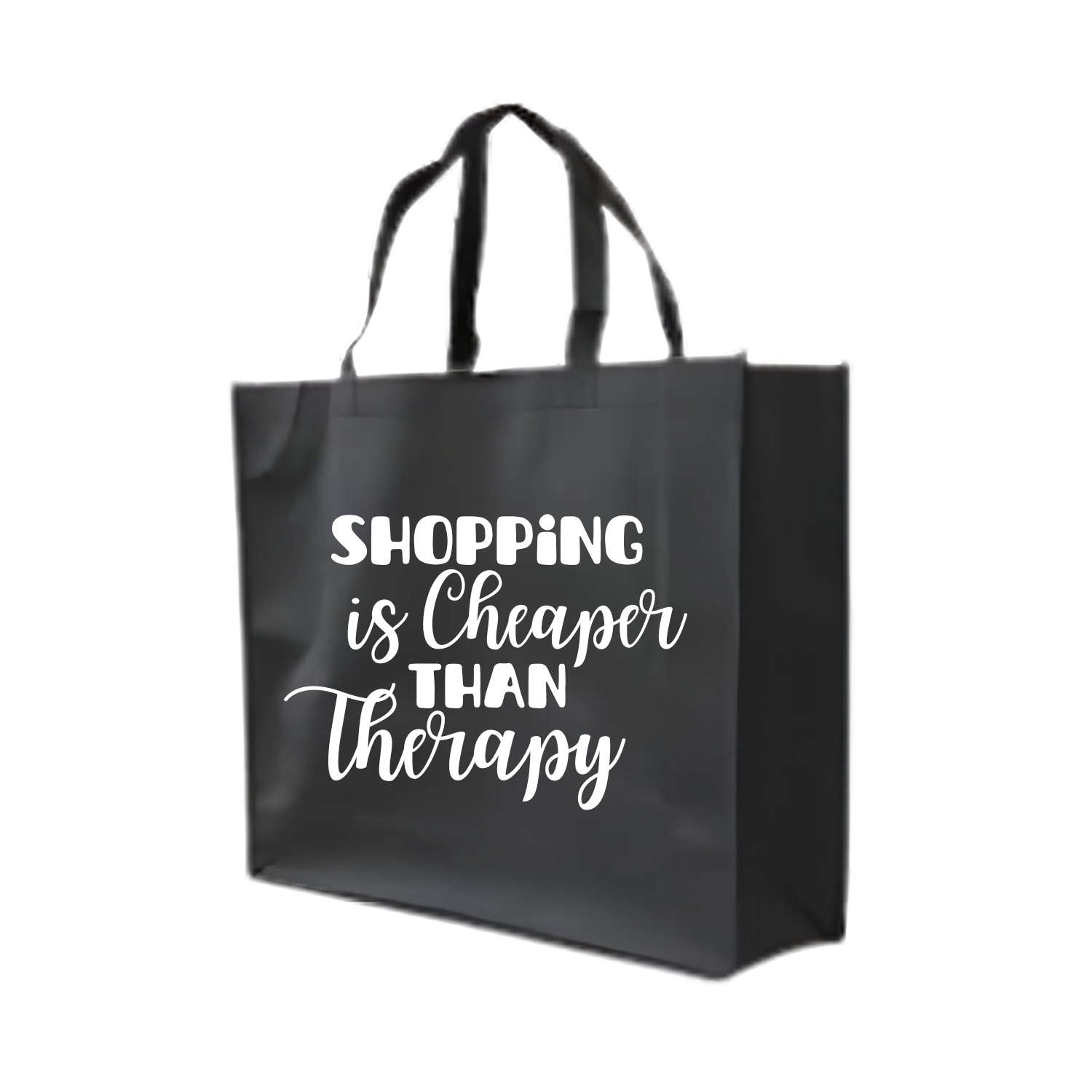 “Grote non-woven shopper met ludieke tekst "Shopping is cheaper than therapie – herbruikbare cadeautas”