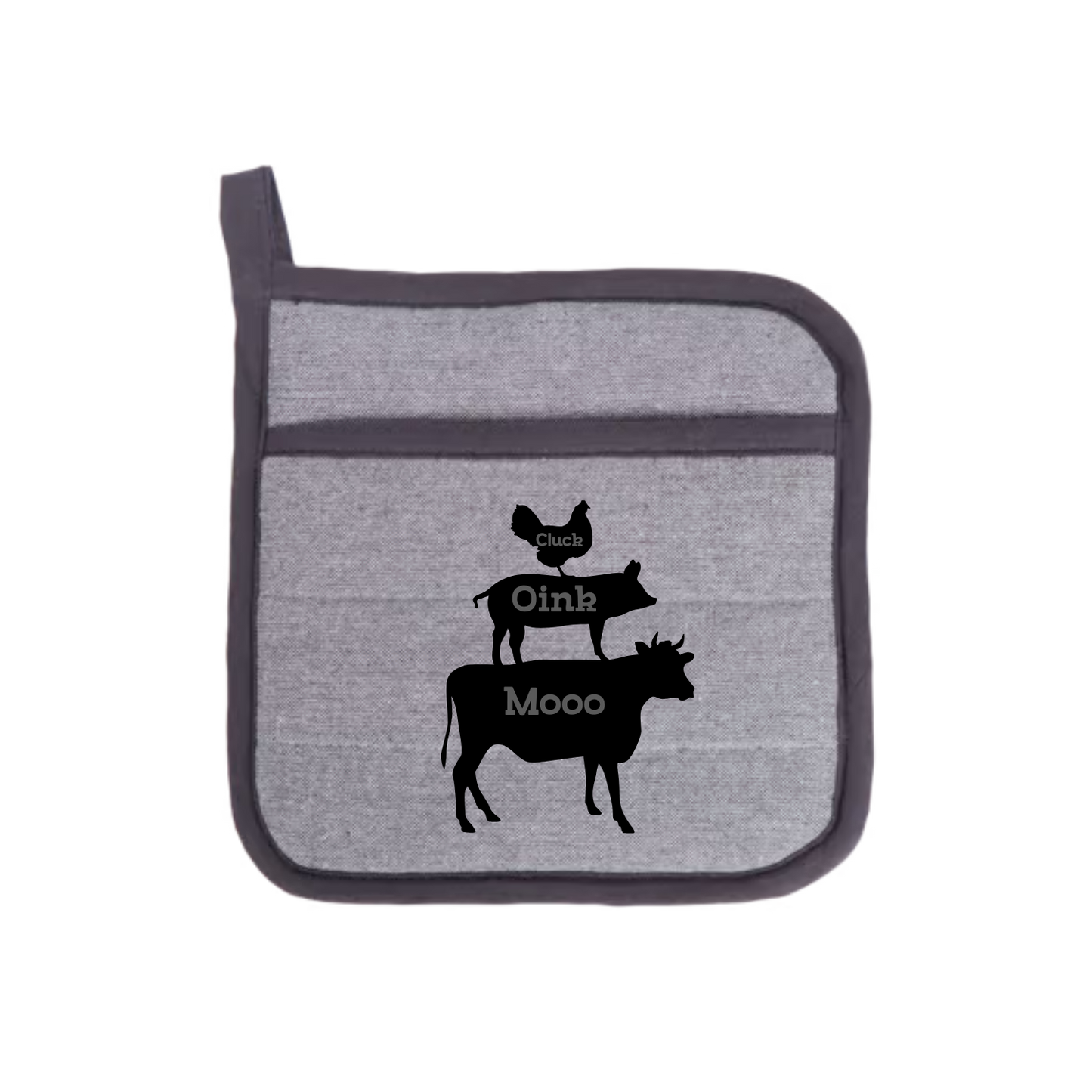 “Ovenwant met humoristische quote "Mooo, oink, cluck" – cadeau voor hobbykoks”