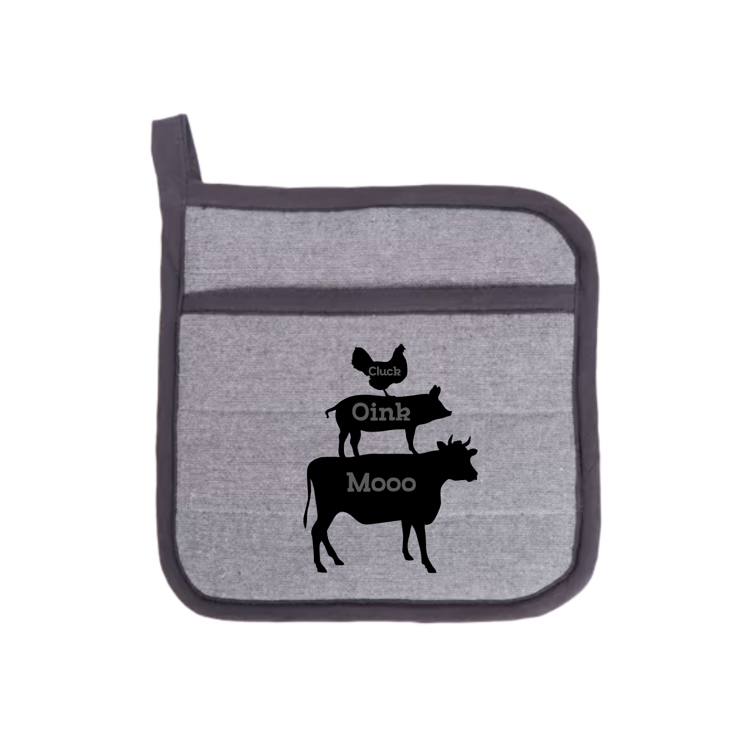 “Ovenwant met humoristische quote "Mooo, oink, cluck" – cadeau voor hobbykoks”