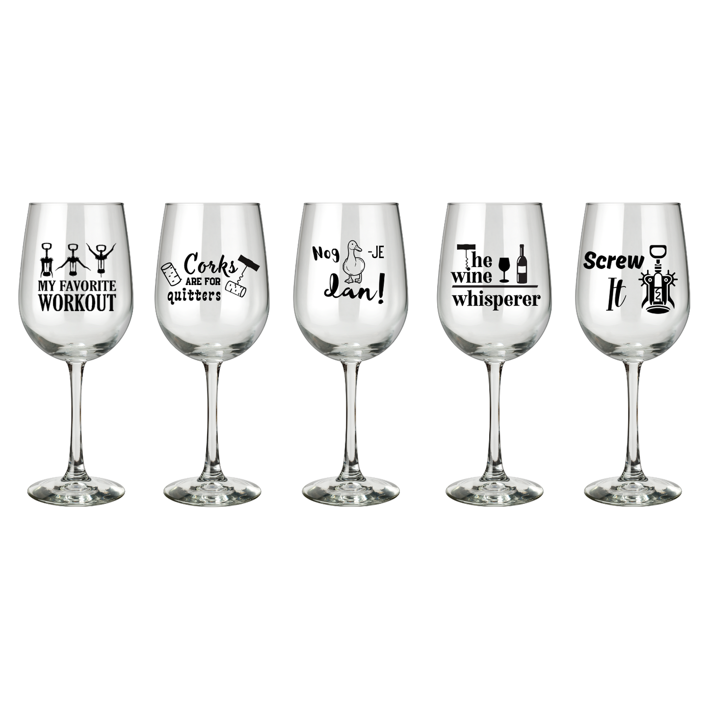 Wijnglazen overzicbt met grappige tekst