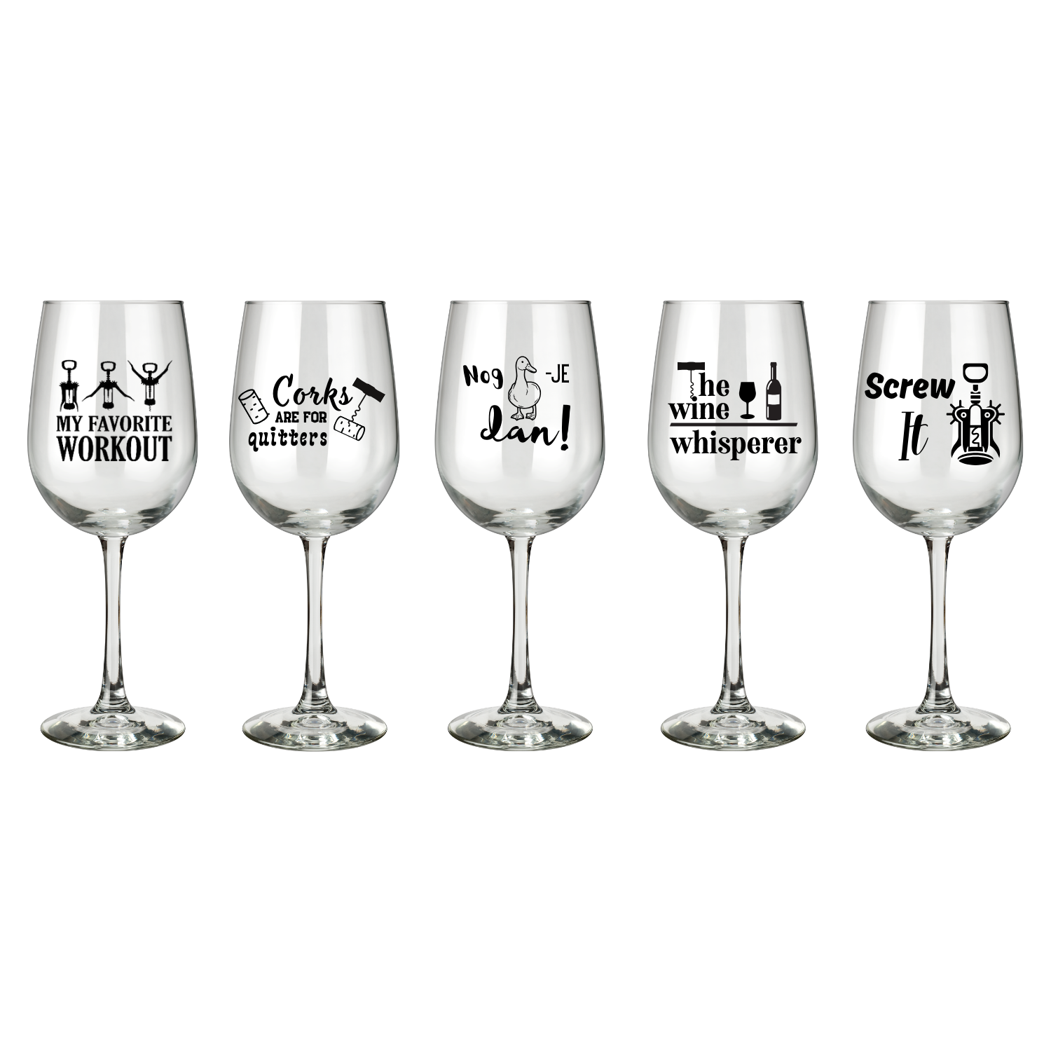 Wijnglazen overzicbt met grappige tekst