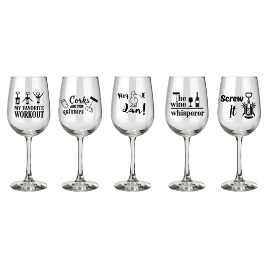 Wijnglazen overzicbt met grappige tekst