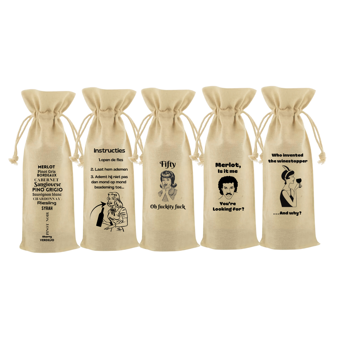 Wijntassen met opdruk overzicht