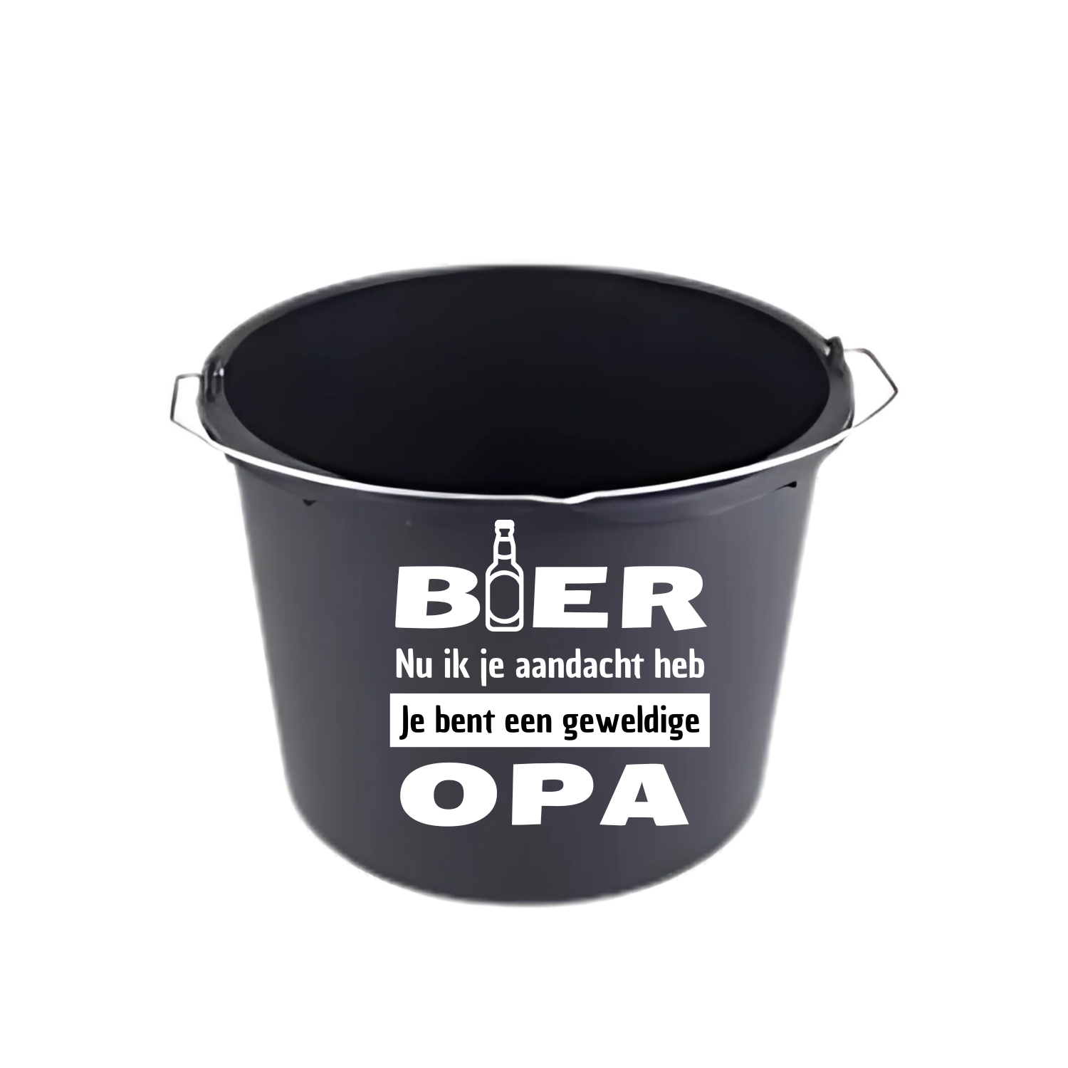 “Partybucket met tekst ‘Bier nu ik je aandacht heb, je bent een geweldige opa’ – Handmade by J”