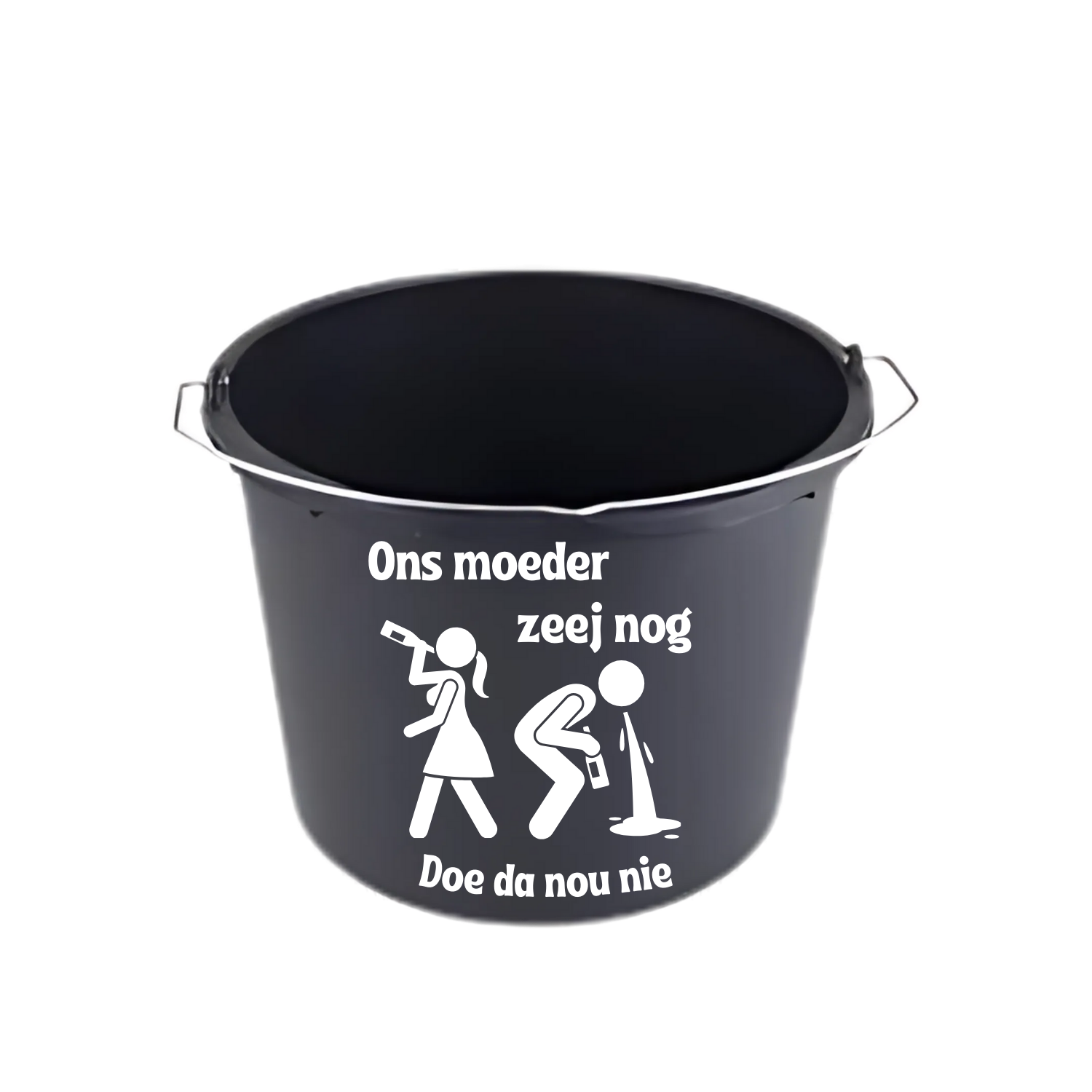 “Zwarte emmer met quote "Ons moeder zeej nog doe da nou nie" – feestaccessoire” Kotsemmer, verjaardagscadeau