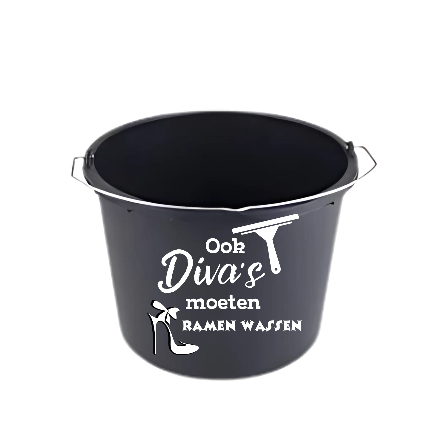 “Zwarte emmer met quote "Ook diva's moeten ramen wassen" – feestaccessoire” verjaardagscadeau
