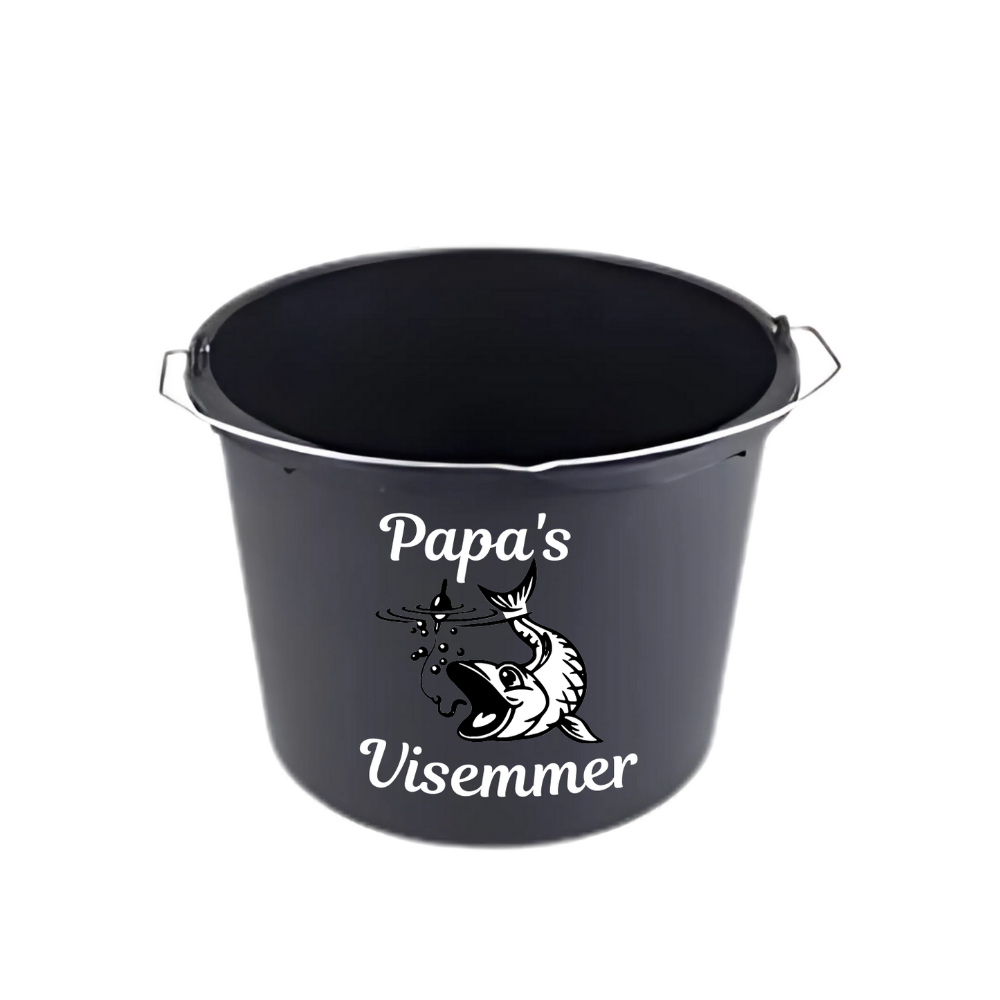 “Zwarte emmer met quote "Papa's visemmer – feestaccessoire” verjaardag, vaderdag