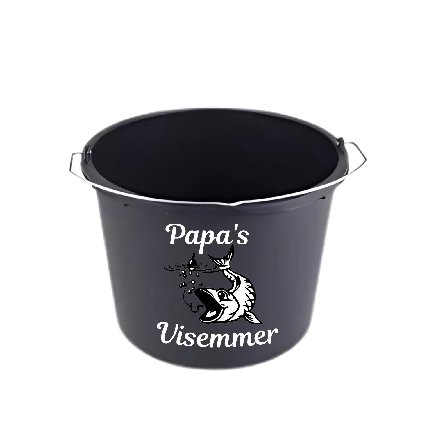 “Zwarte emmer met quote "Papa's visemmer – feestaccessoire” verjaardag, vaderdag