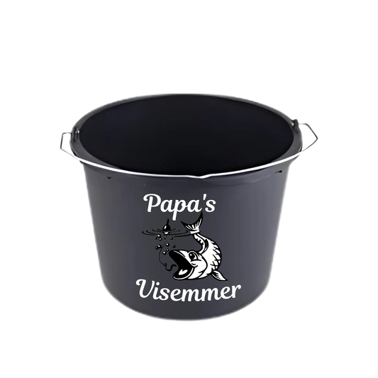 “Zwarte emmer met quote "Papa's visemmer – feestaccessoire” verjaardag, vaderdag