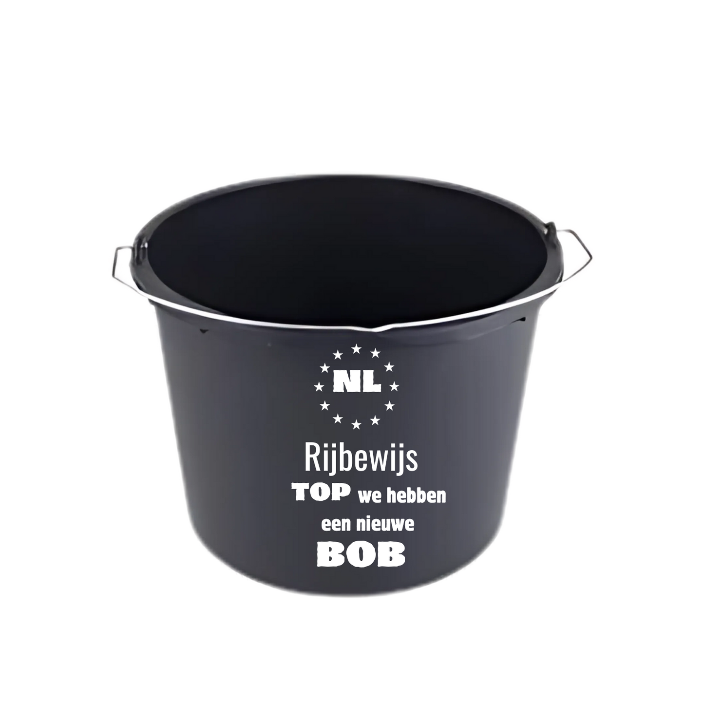 “Zwarte emmer met quote "Rijbewijs Top we hebben een nieuwe BOB – feestaccessoire” Rijbewijs gehaald