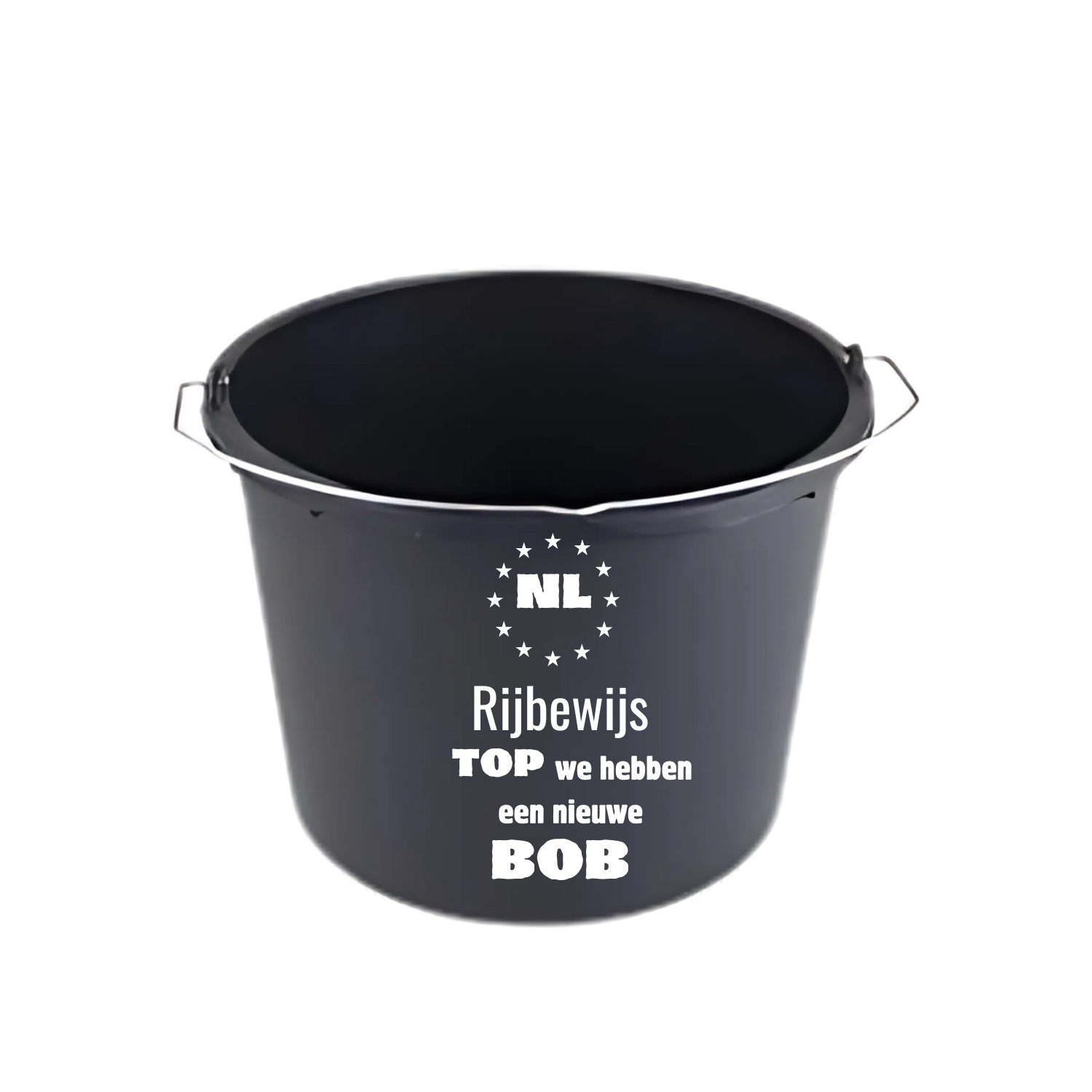 “Zwarte emmer met quote "Rijbewijs Top we hebben een nieuwe BOB – feestaccessoire” Rijbewijs gehaald