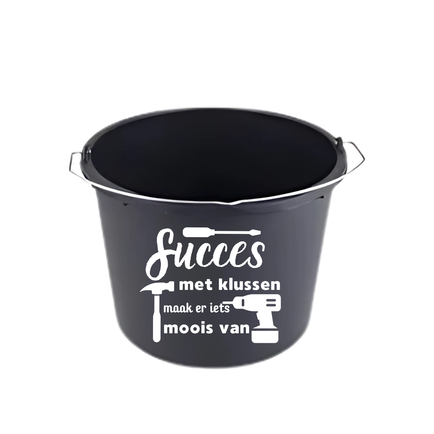 “Partybucket emmer met tekst ‘Succes met klussen maak er wat moois van’ – Handmade by J”