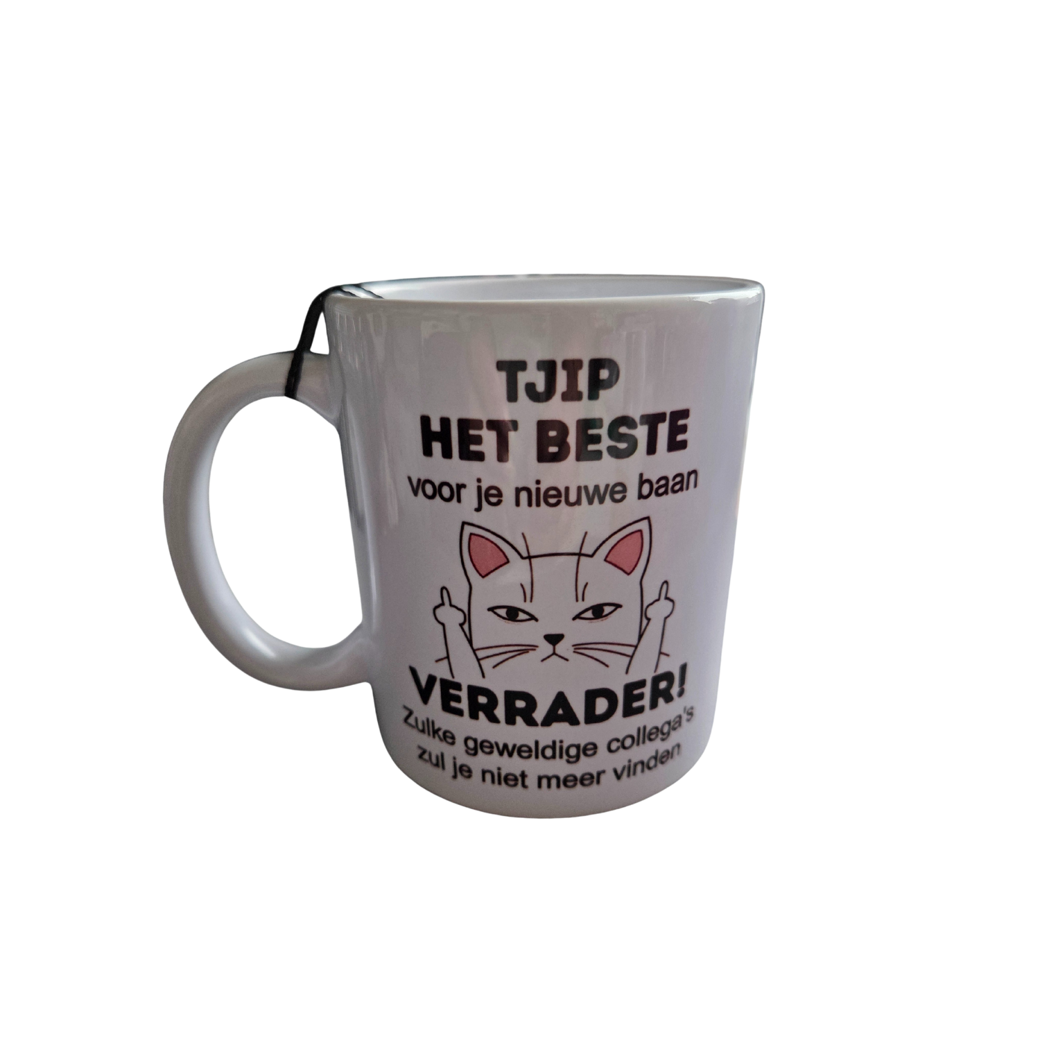 Gepersonaliseerde koffie-/theemok met tekst – persoonlijk afscheidscadeau voor een collega.