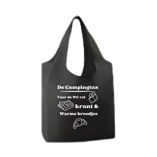“Opvouwbare shopper met humoristische tekst "De campingtas" – Handmade by J”