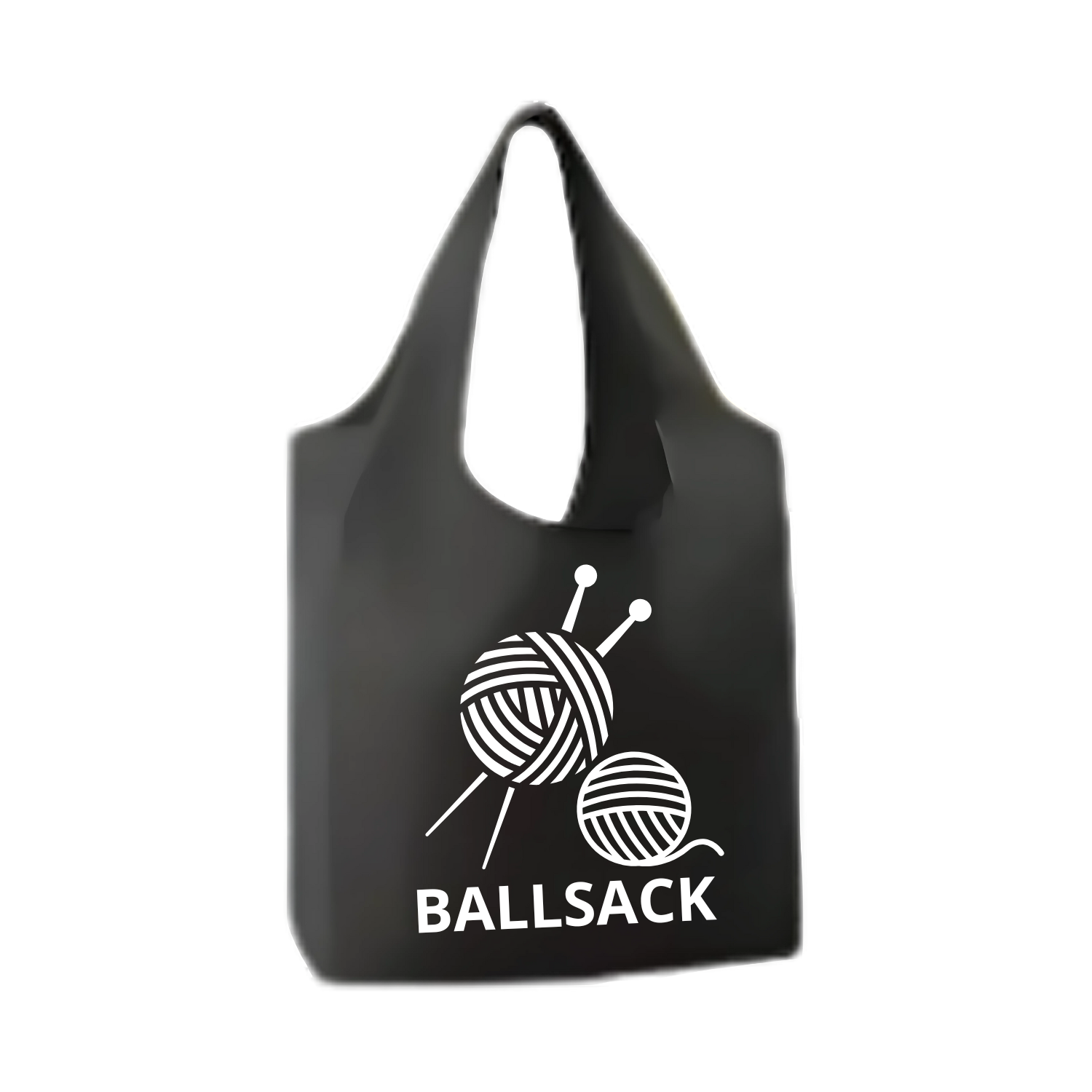 “Opvouwbare shopper met humoristische tekst "Ballsack"– Handmade by J” bolletjes wol