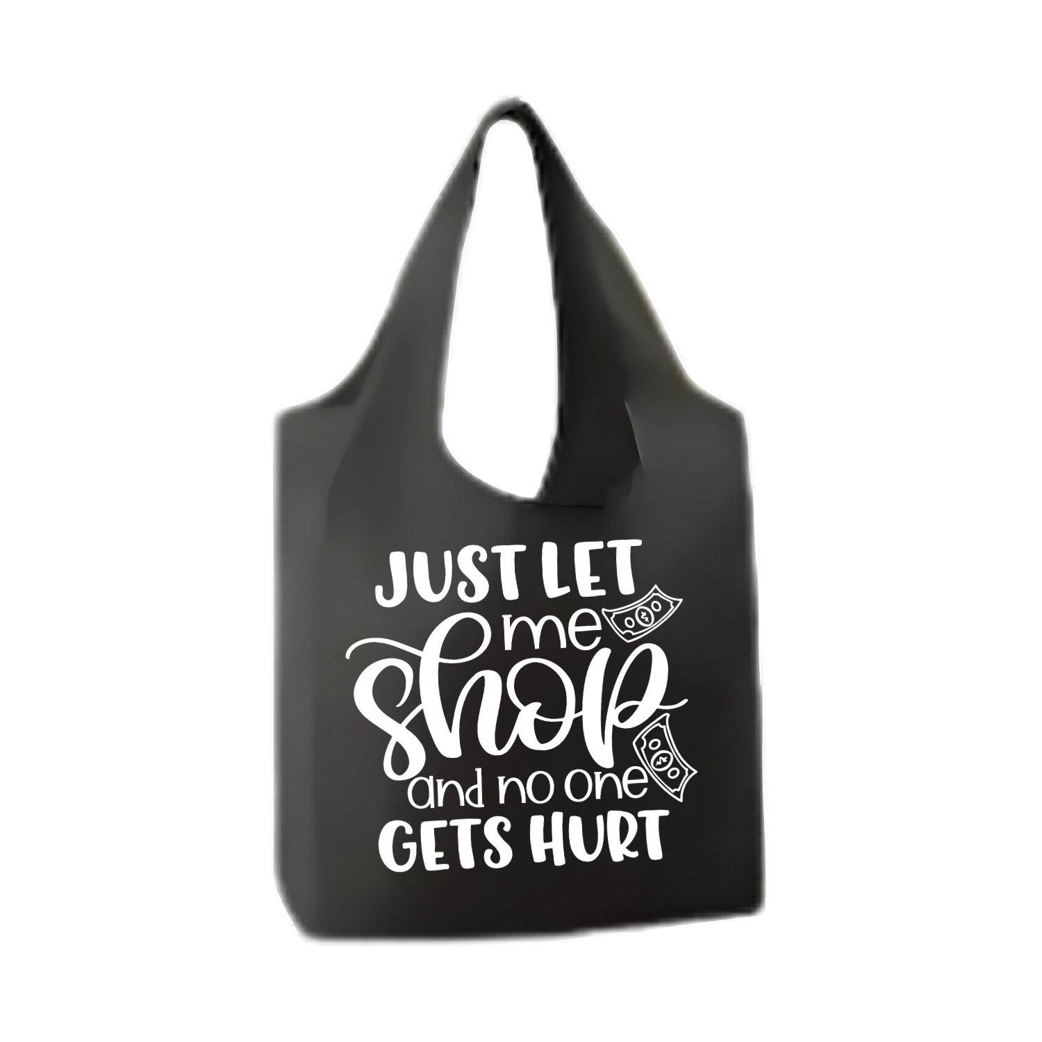 “Opvouwbare shopper met humoristische tekst "Just let me shop"– Handmade by J”