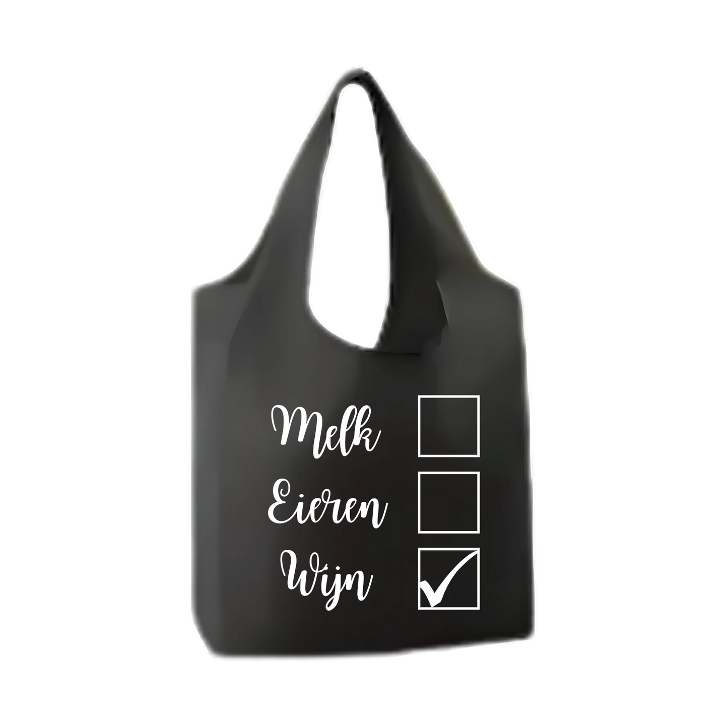 “Opvouwbare shopper met humoristische tekst "Melk, eieren, wijn" – Handmade by J”