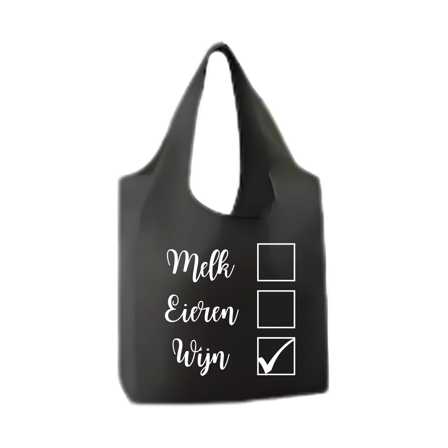 “Opvouwbare shopper met humoristische tekst "Melk, eieren, wijn" – Handmade by J”