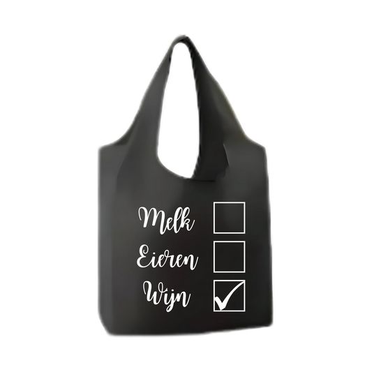 “Opvouwbare shopper met humoristische tekst "Melk, eieren, wijn" – Handmade by J”