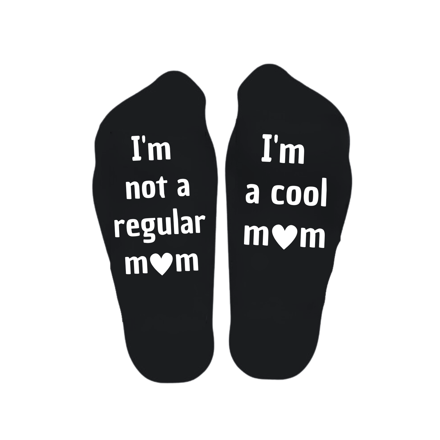“Sokken met grappige tekst verdeeld over linker en rechter sok met de tekst "I'm not a regular mom / I'm a cool mom" – Handmade by J” Moederdag kado