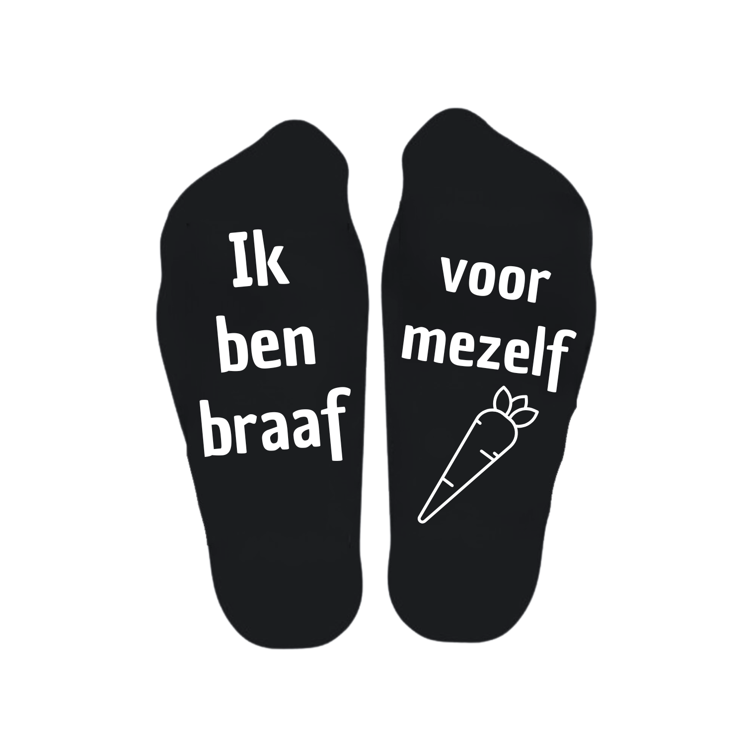 “Sokken met grappige tekst verdeeld over linker en rechter sok met de tekst "Ik ben braaf / voor mezelf" – Handmade by J” Sinterklaaskado