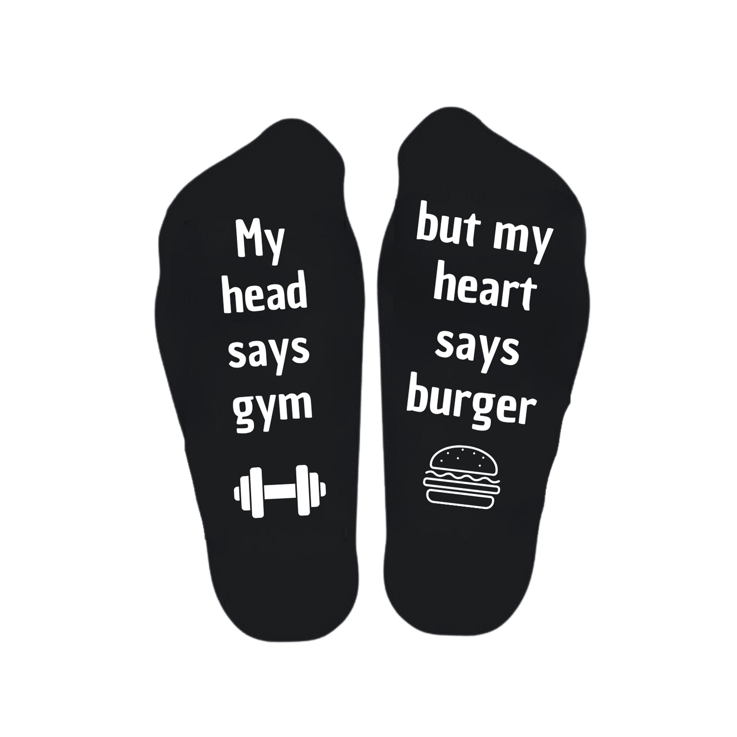 “Sokken met grappige tekst verdeeld over linker en rechter sok met de tekst "My head says gym / but my heart says burger" – Handmade by J”