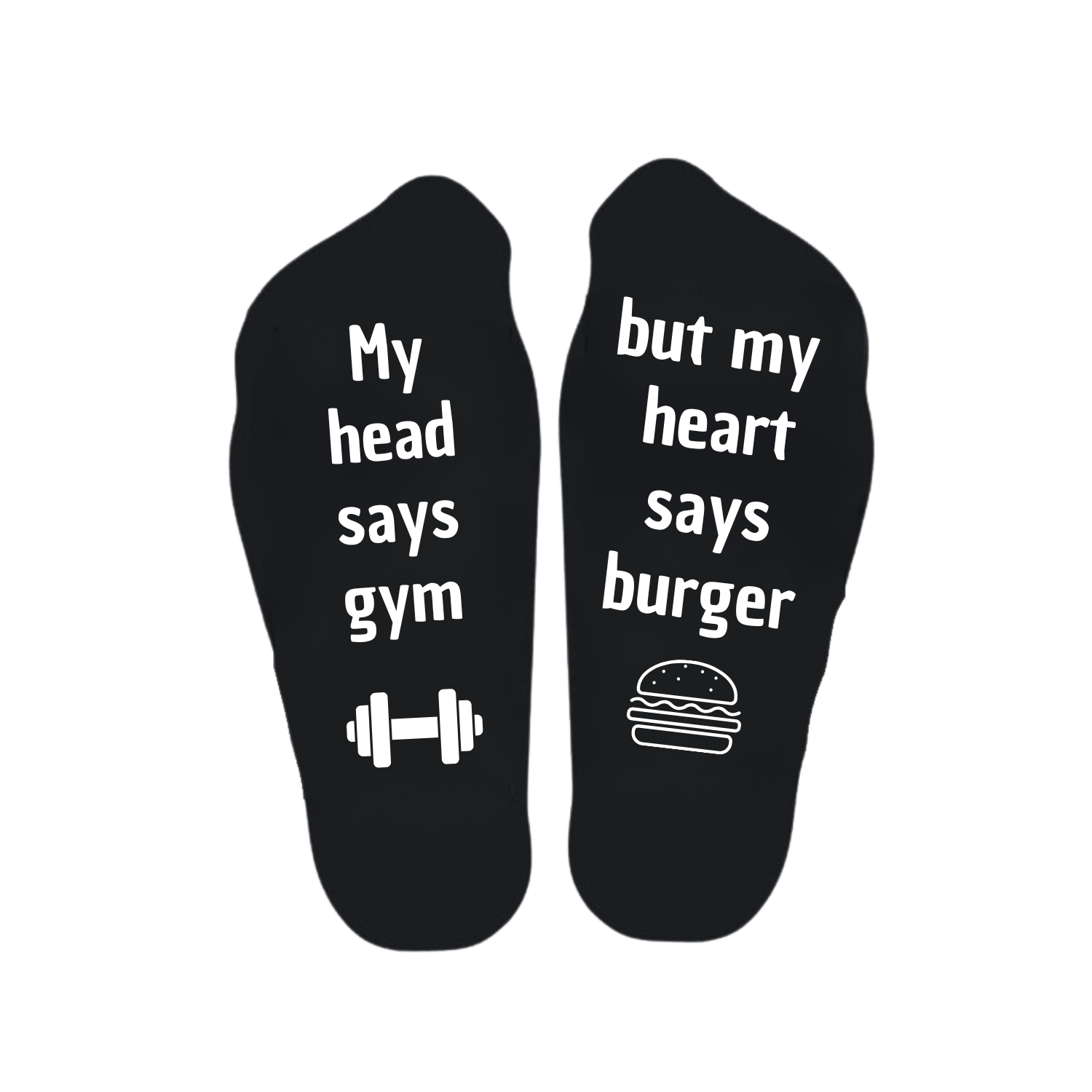 “Sokken met grappige tekst verdeeld over linker en rechter sok met de tekst "My head says gym / but my heart says burger" – Handmade by J”