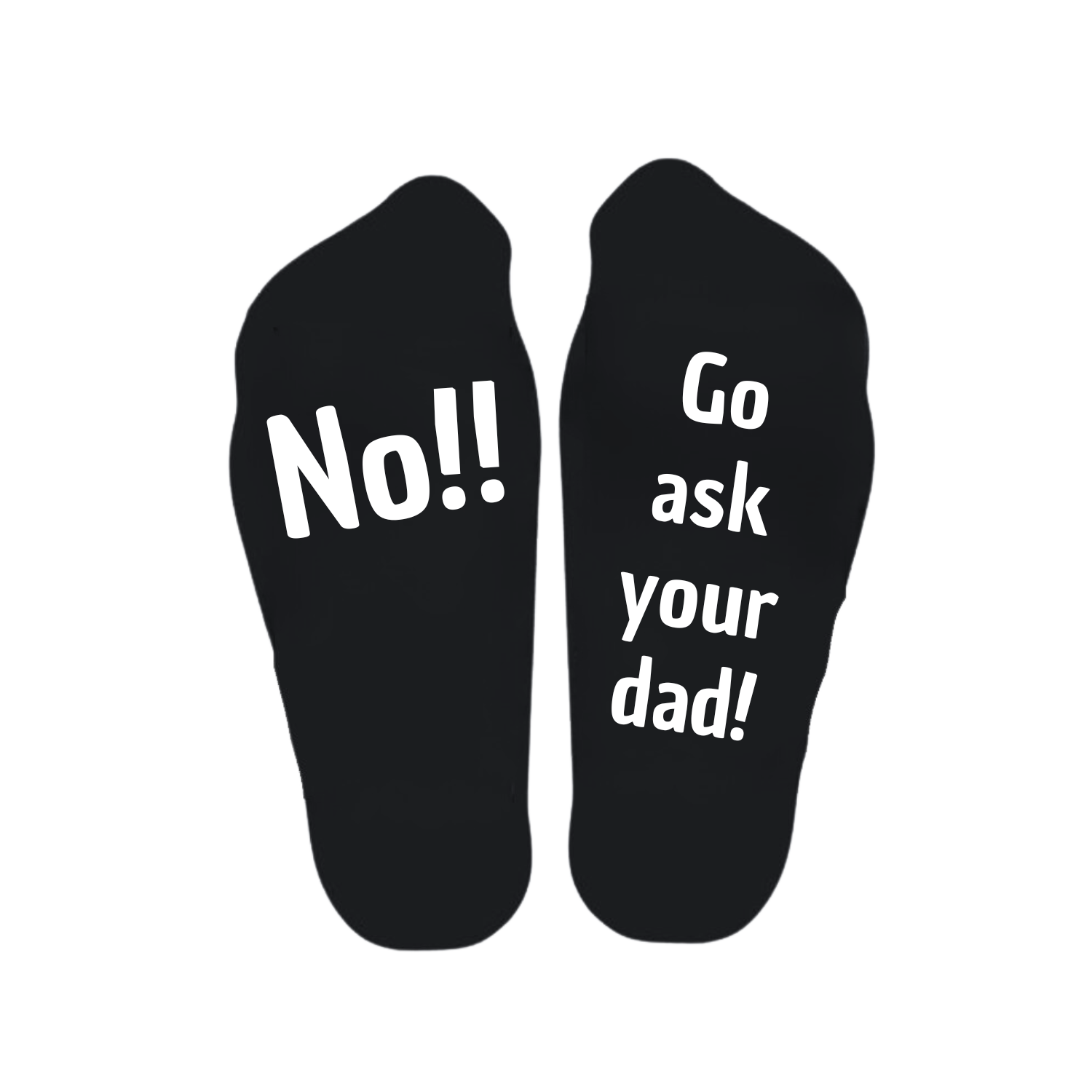 “Sokken met grappige tekst verdeeld over linker en rechter sok met de tekst "No / Go ask your dad" – Handmade by J” Moederdag