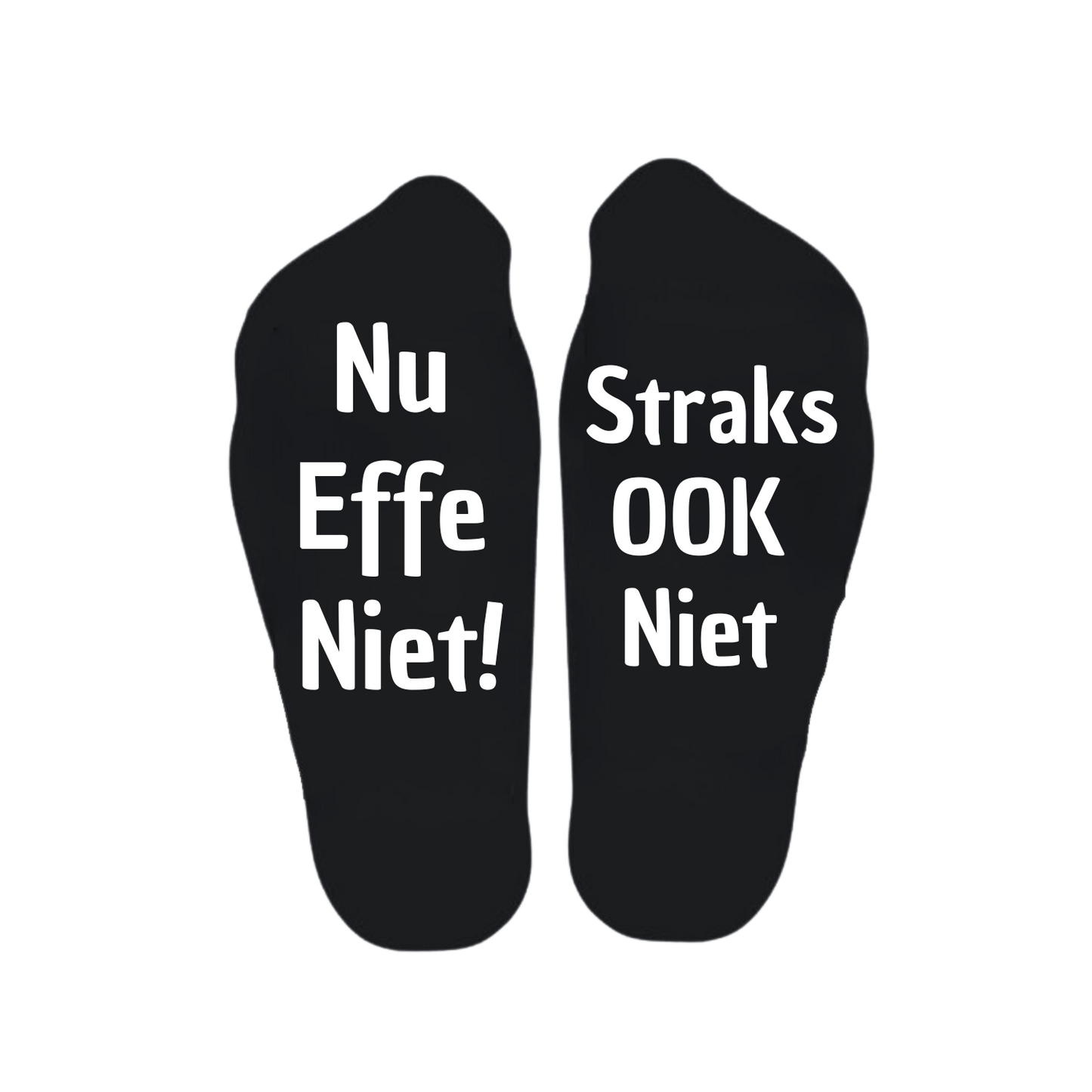 “Sokken met grappige tekst verdeeld over linker en rechter sok met de tekst "Nu effe niet / Staks ook niet" – Handmade by J”