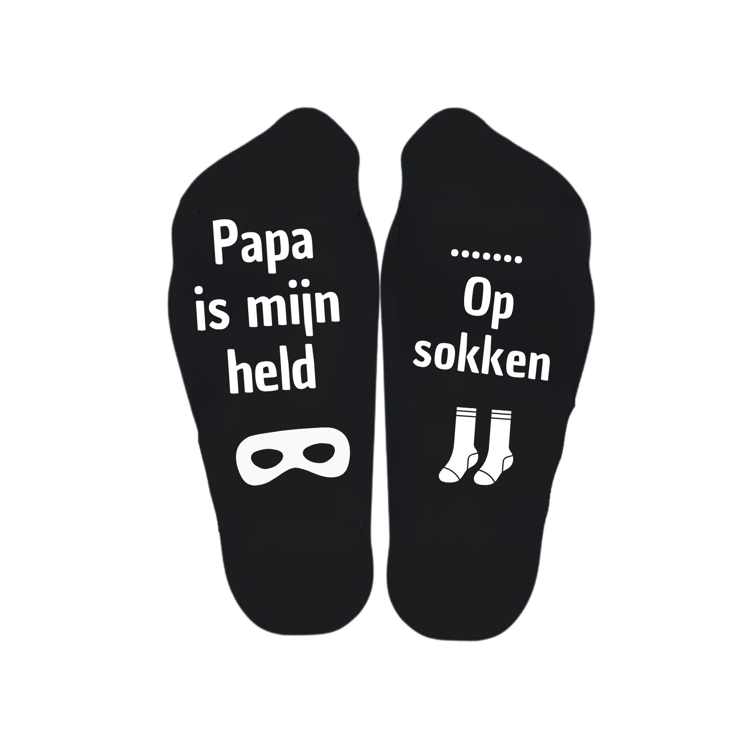 “Sokken met grappige tekst verdeeld over linker en rechter sok met de tekst "Papa is mijn held / op sokken" – Handmade by J” Vaderdag kado