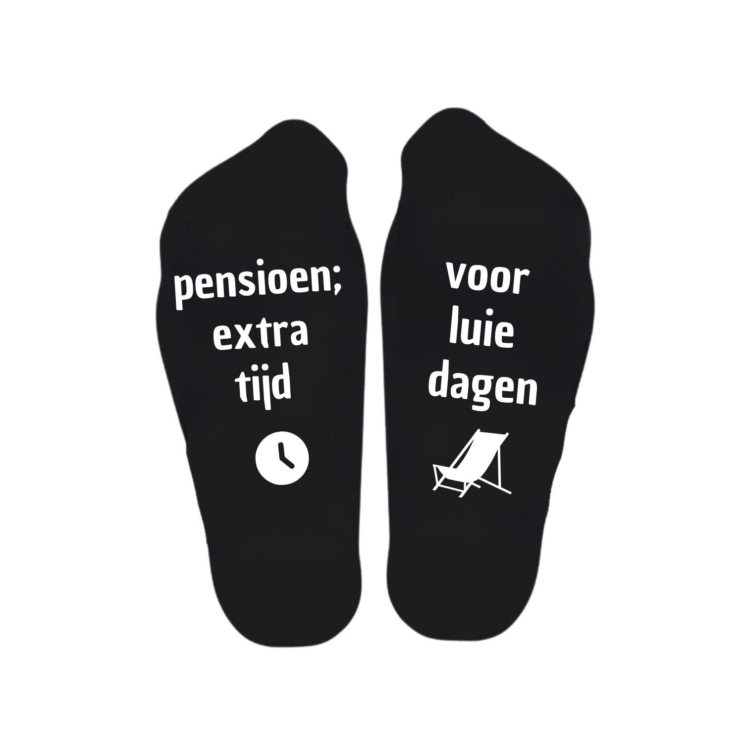 “Sokken met grappige tekst verdeeld over linker en rechter sok met de tekst "Pensioen extra tijd / voor luie dagen" – Handmade by J” Pensioen cadeau