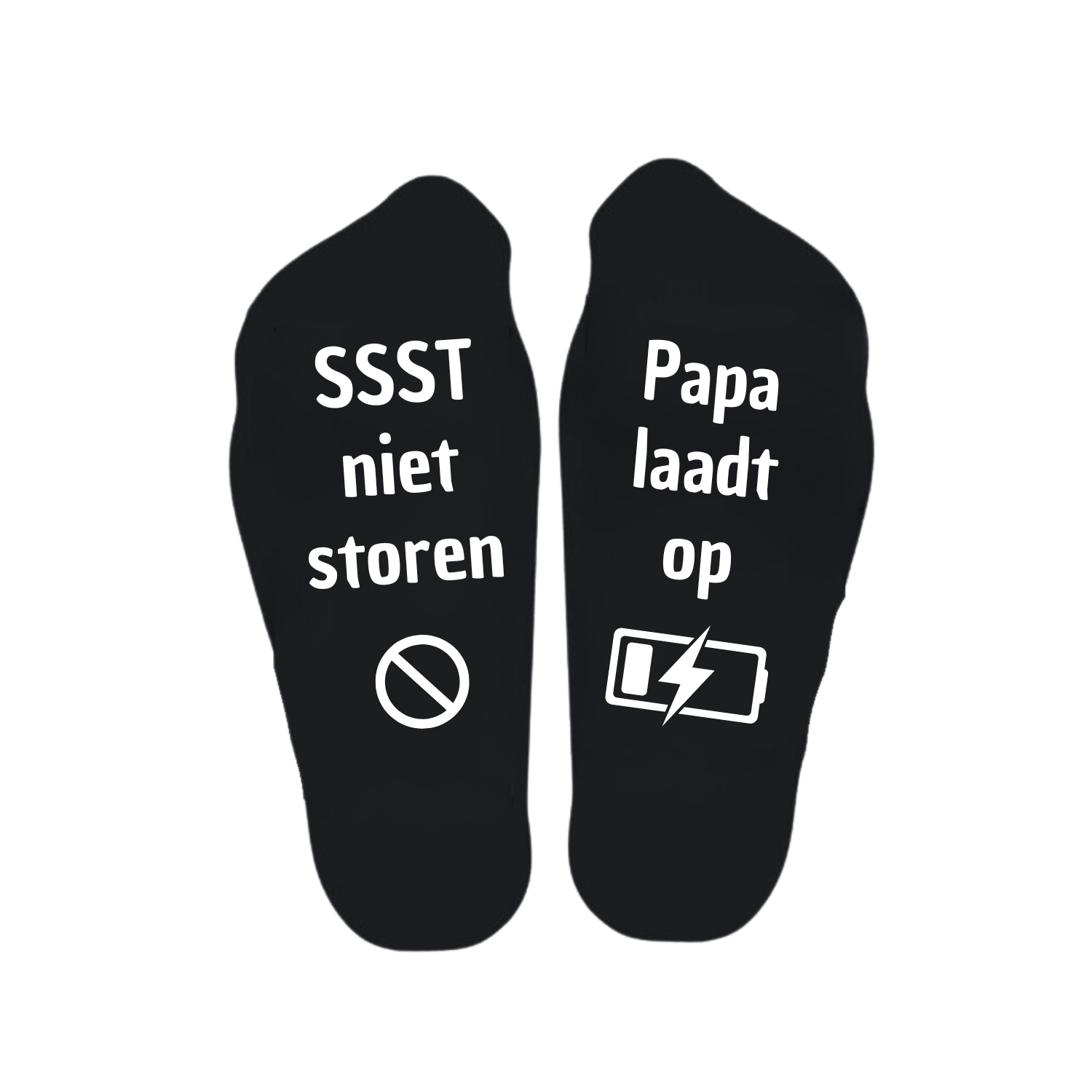 “Sokken met grappige tekst verdeeld over linker en rechter sok met de tekst "Ssst niet storen / papa laadt op" – Handmade by J”