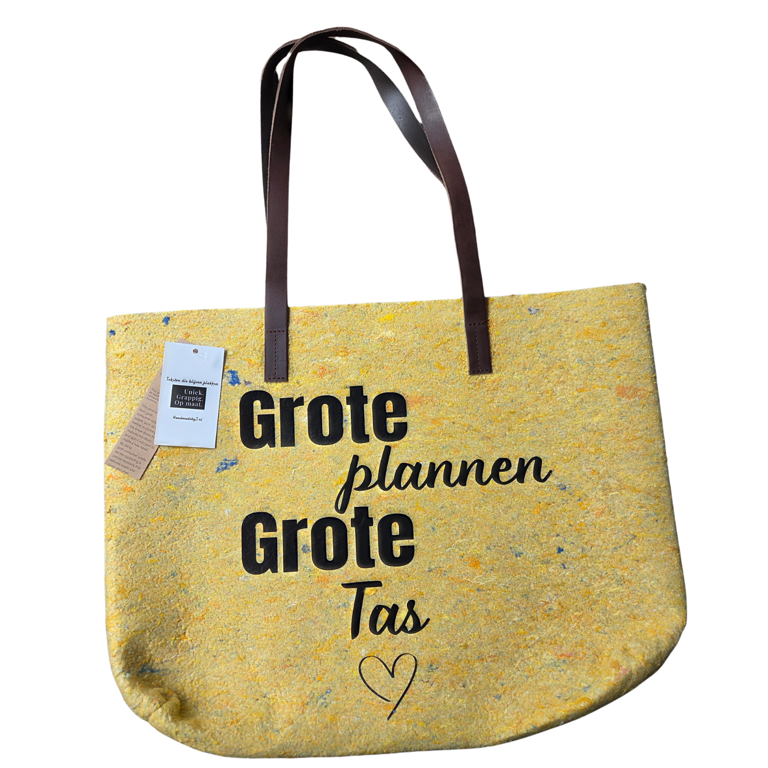 Handgemaakte shopper van gerecyclede materialen met tekst 'Grote Plannen, Grote Tas' – Handmade by J