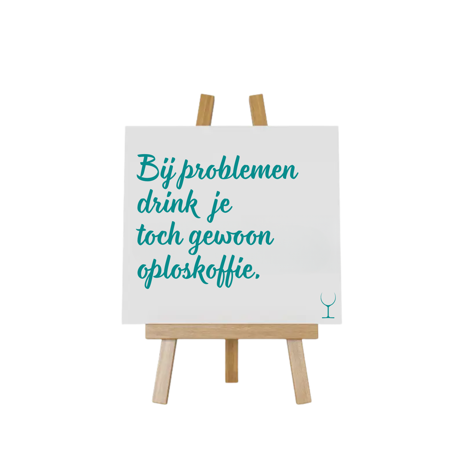 “Wit keramisch tegeltje 10x10 cm met grappige tekst "Bij problemen drink oploskoffie– Handmade by J”