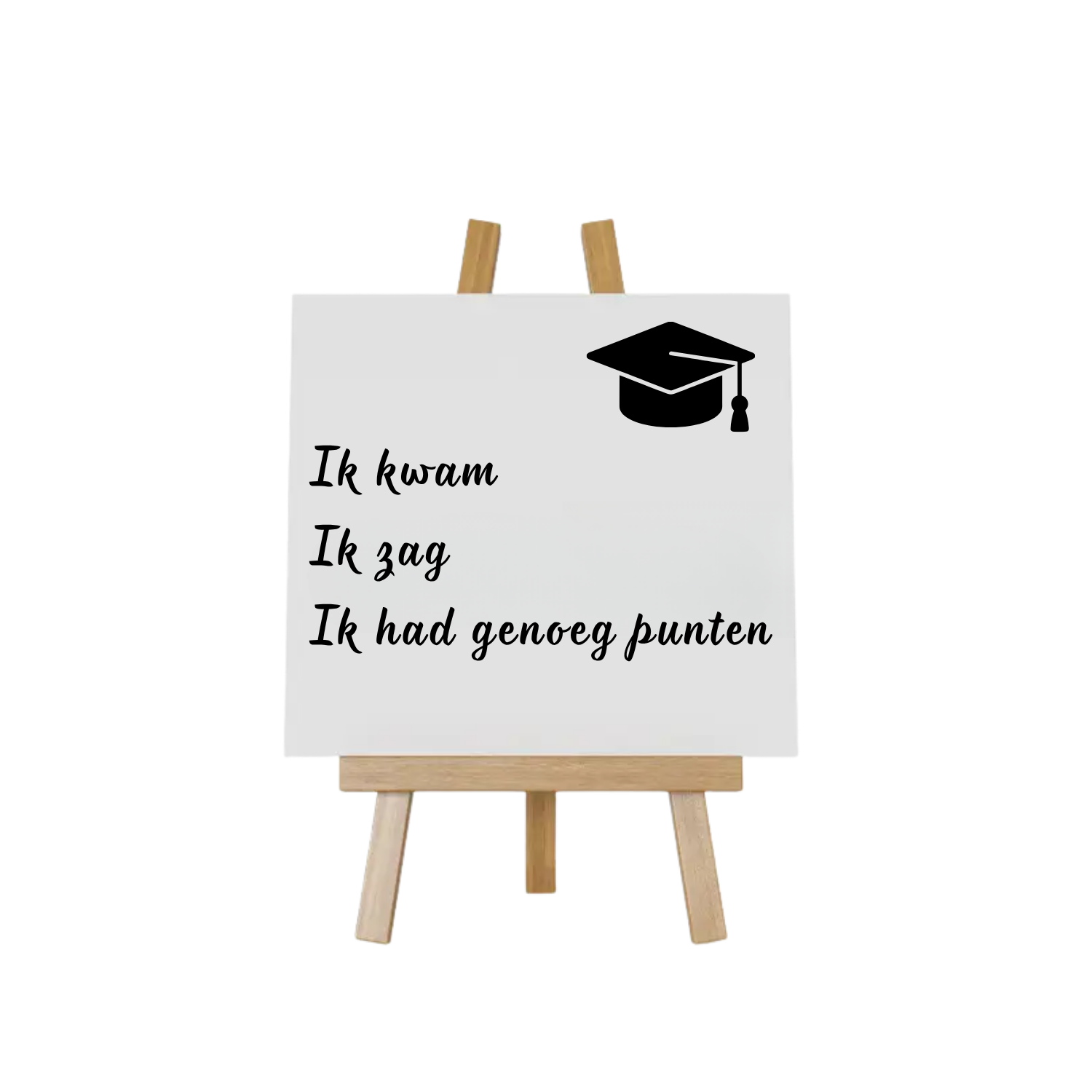 Wit teksttegeltje voor geslaagden met tekst ik kwam, ik zag, ik had genoeg punten. Handmade by J.
